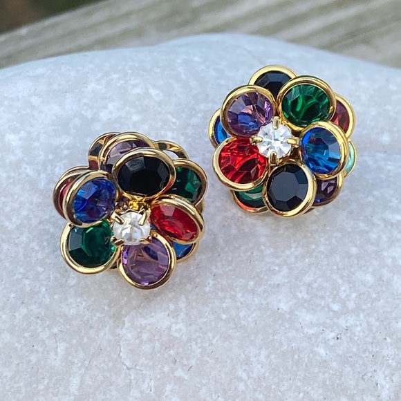 Sparkling multicolor floral fashion earrings gold plated - Picture 4 of 12